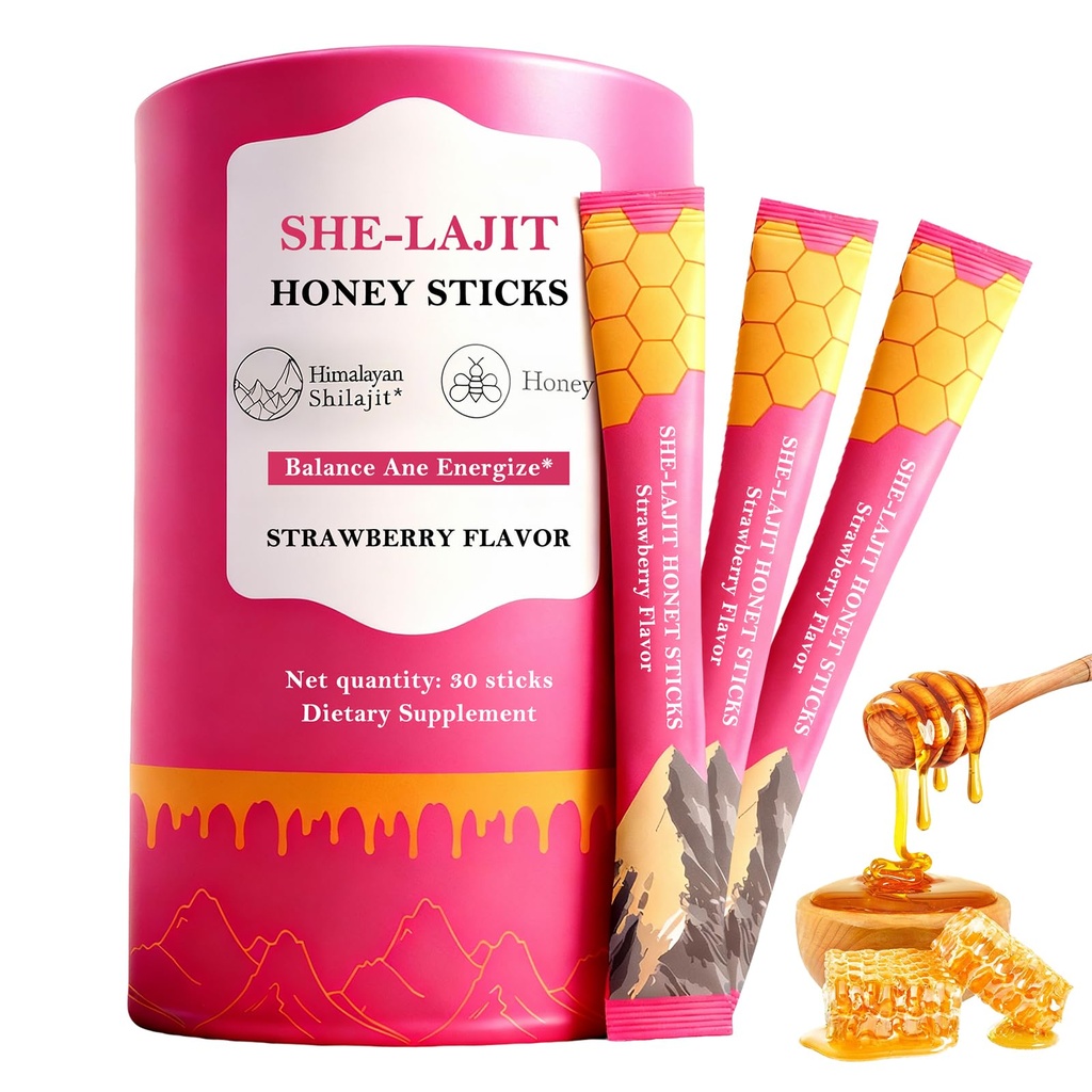 Shilajit Honey Sticks for Women with Shatavari & Saffron, Strawberry Flavor Honeysticks, for Hormonal Balance, Energy, Focus & Stamina, Tasty Shilajit Honeysticks, 30 Sticks