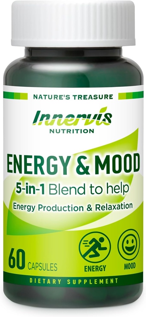 Energy &amp; Mood Supplement – Boost Energy " Reducir la fatiga, apoyar la relajación – 60 cápsulas – No GMO, 3er partido testado – Innervis Nutrition