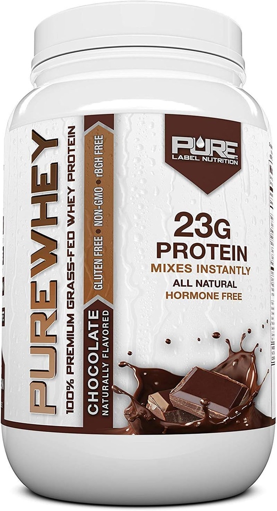 Pure Label Nutrition 100% Grass-Fed, Chocolate Whey Concentrate Protein Powder (24g) con aminoácidos esenciais, para Pre e Post Workout Recovery & Muscle Building, Low Fat & Low Carbohidratos - 2lbs