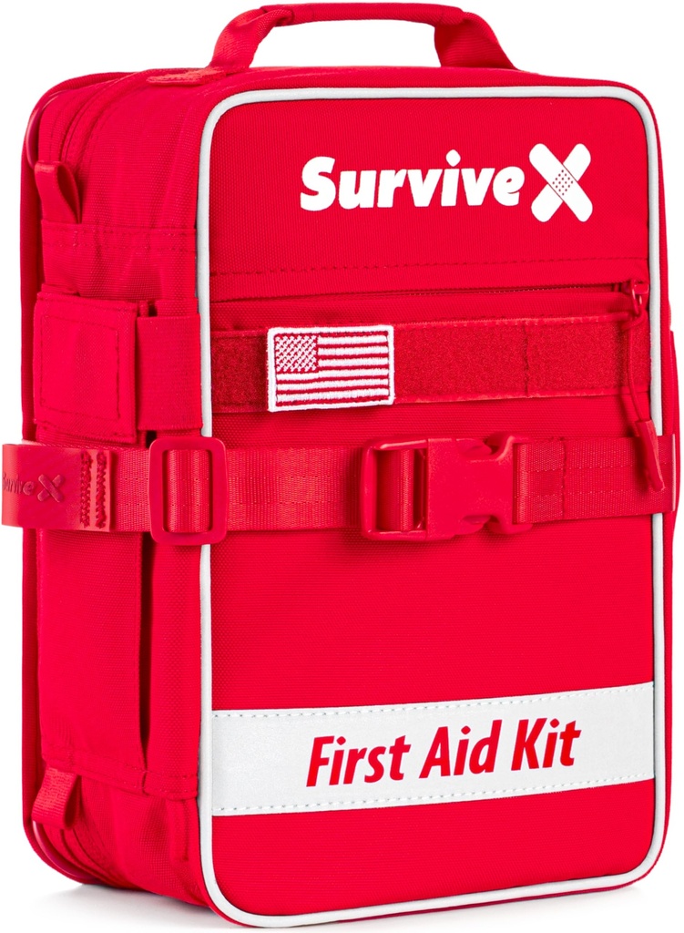 SurviveX Large First Aid Kit, Labeled Pockets, Zip Stitch Wound Closures | Close wounds without stitches, quickly find what you need, first aid emergency kit for car, home, travel, camping, outdoors
