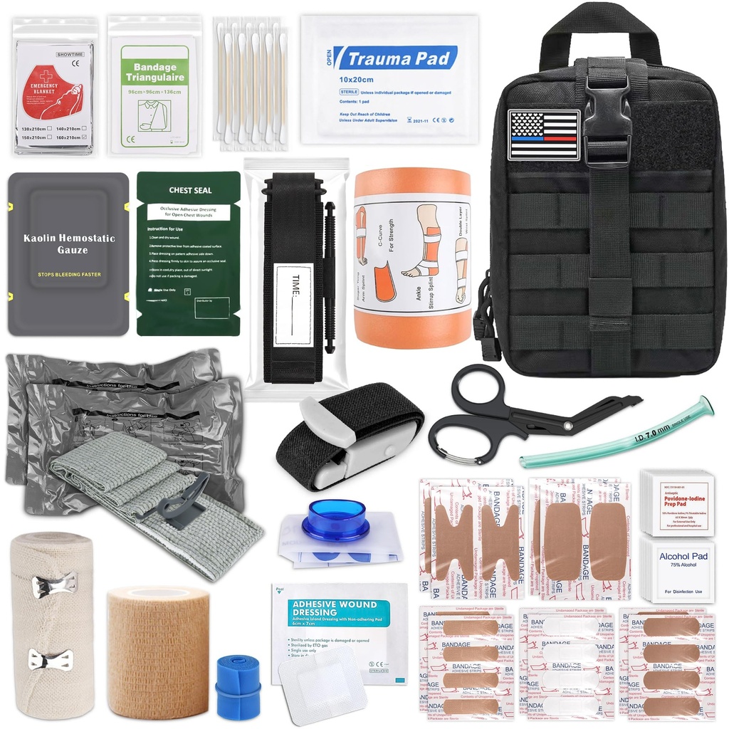 IFAK Trauma Kit with Tourniquet, 6-Inch Israeli Bandage, Splint, First Aid Kit for Car, Camping, Hiking and Travel with Molle Bag