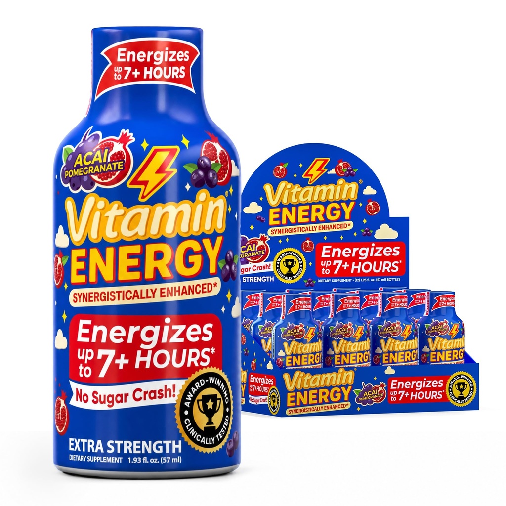 Vitamin Energy Acai Pomegranate Extra Strength Energy Shot, 12 Pack - Up to 7 Hrs, 260mg Natural Caffeine, Zero Sugar - B12 11,000% DV + B6 2,118% DV + Taurine 1,500mg, 1.93 fl oz, Keto Vegan