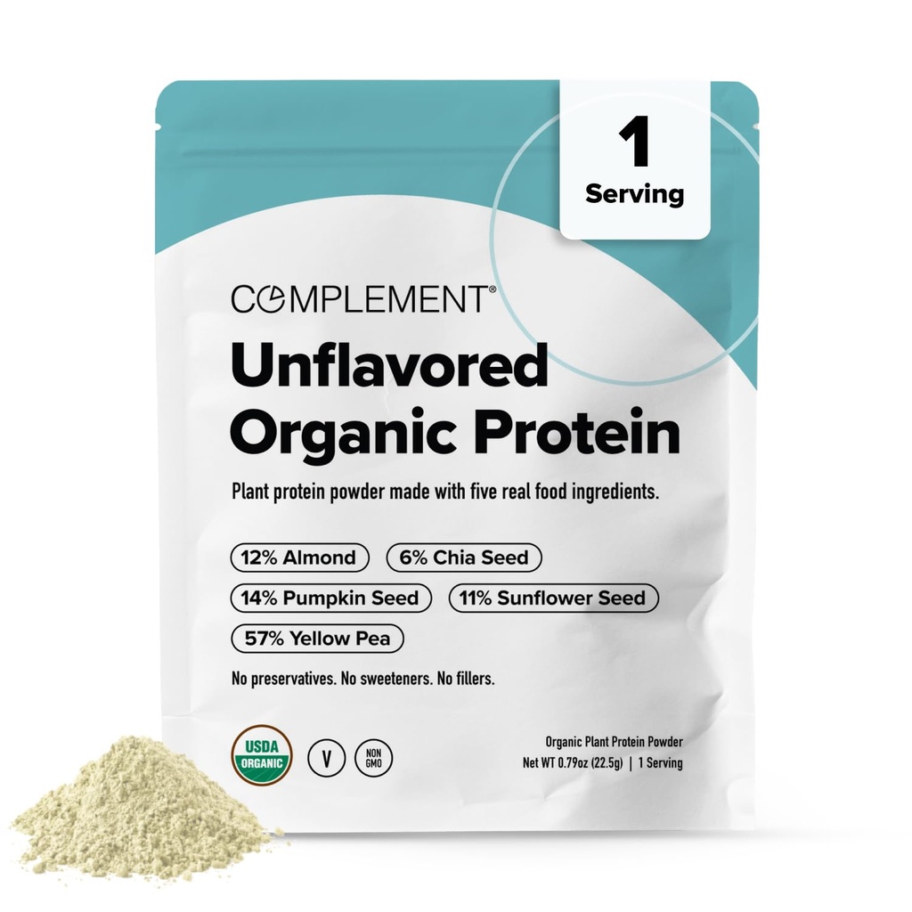 Complement Vegan Unflavored Protein Powder - Organic Protein Low Carb, Low Calorie, Sugar Free, Soy Free, Non-GMO, Gluten Free - 15g Yellow Pea, Pumpkin Seed Plant-Based Protein (1 Serving)
