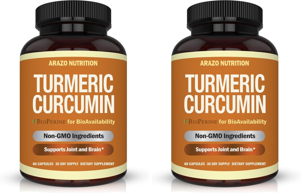 Arazo Nutrition Turmeric Curcumin with BioPerine 1300mg with Black Pepper - Joint Support Nutritional Supplements - 100% Herbal Tumeric Root Capsules (Pack of 2)