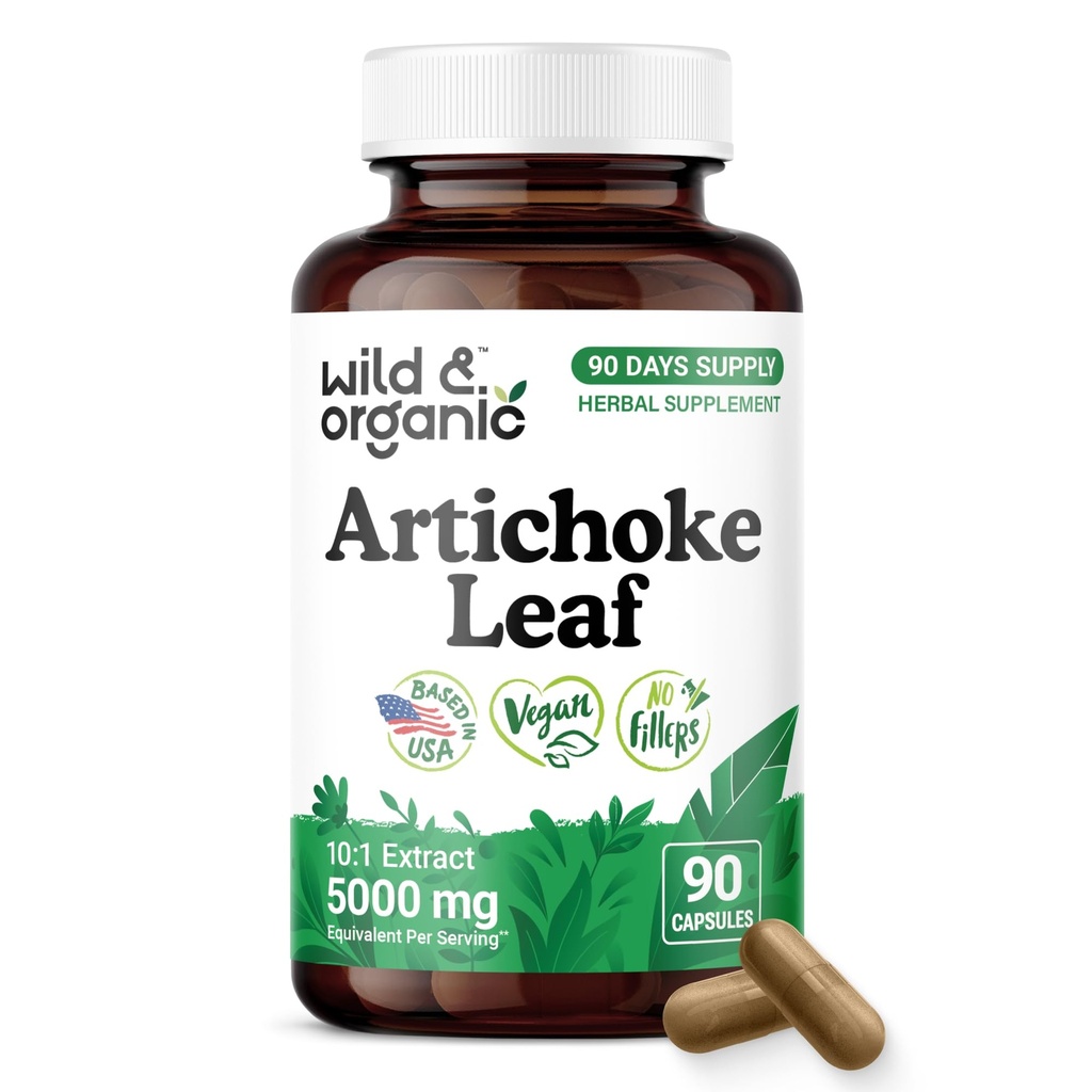 Wild & Organic Artichoke Extract Capsules 500 mg - Liver, Digestive Support | 90 Count - Artichoke Supplement - Cynara Scolymus Leaf Powder - Vegan, No Fillers, No Artificial Additives