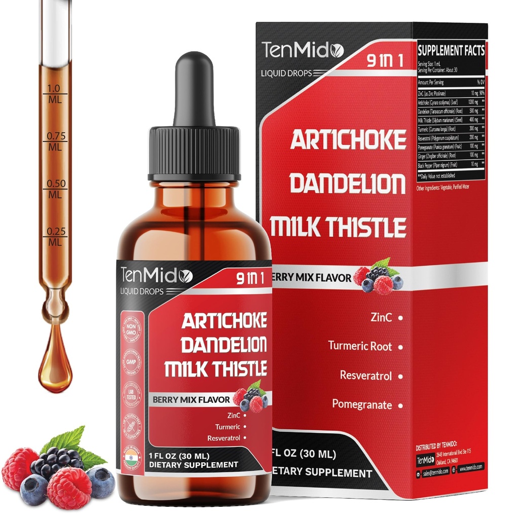 Artichoke Extract Liquid Drops - 9in1 Herbal Supplements Liquid with Zinc, Dandelion, Milk Thistle, Turmeric, Resveratrol, Pomegranate, Ginger, and Black Pepper - 30ml 1Fl Oz