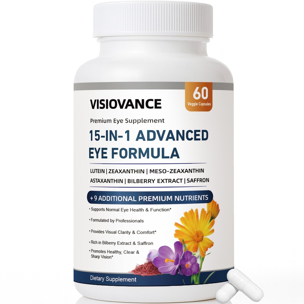 15 in 1 Advanced Eye Formula, Neurobella Eye Vitamin and Mineral Supplement for Adults & Seniors, with Lutein, Astaxanthin, Vitamin C/E, Bilberry, Promotes Eye Health, Reduces Dryness, 60 Capsules