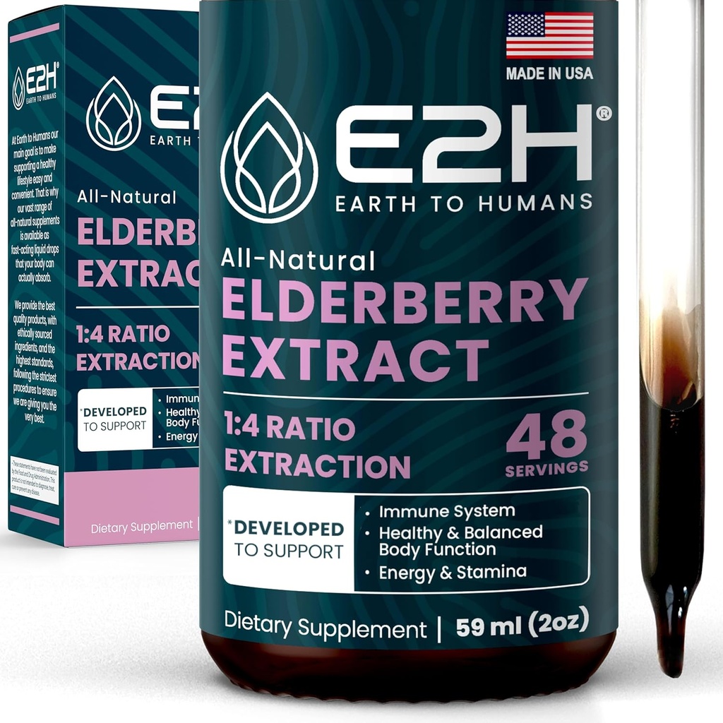 E2H Elderberry Syrup - Suplemento poderoso de antioxidantes do extracto de Elderberries orgánicos - Syrup Sambucus Elderberry para nenos e adultos para soporte inmune - Non-GMO, Vegan - 2 Fl Oz