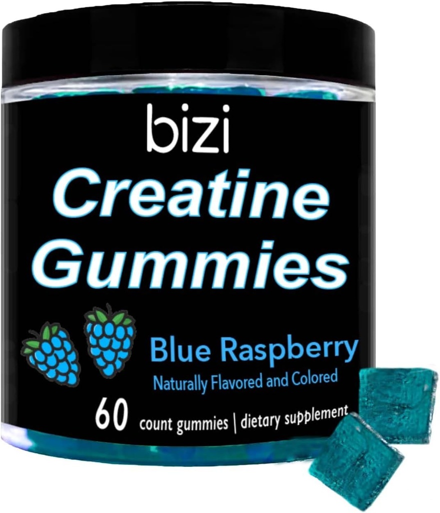 Bizi Creatine Gummys vyrams ir moterims - 1 g kreatino monohidrato per Gummy - arbūzo skonio - Dirbti, raumenų augimo, ir atkūrimo papildai - Vegan & Gluten Free (60 ct) (Mėlyna aviečių)