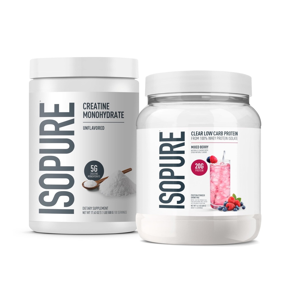 Isopure Bundle of Clear Whey Isolate Protein Powder, Mixed Berry,16 Servings 100% Pure Creatine Monohydrate Powder, Unflavored, 100 Servings