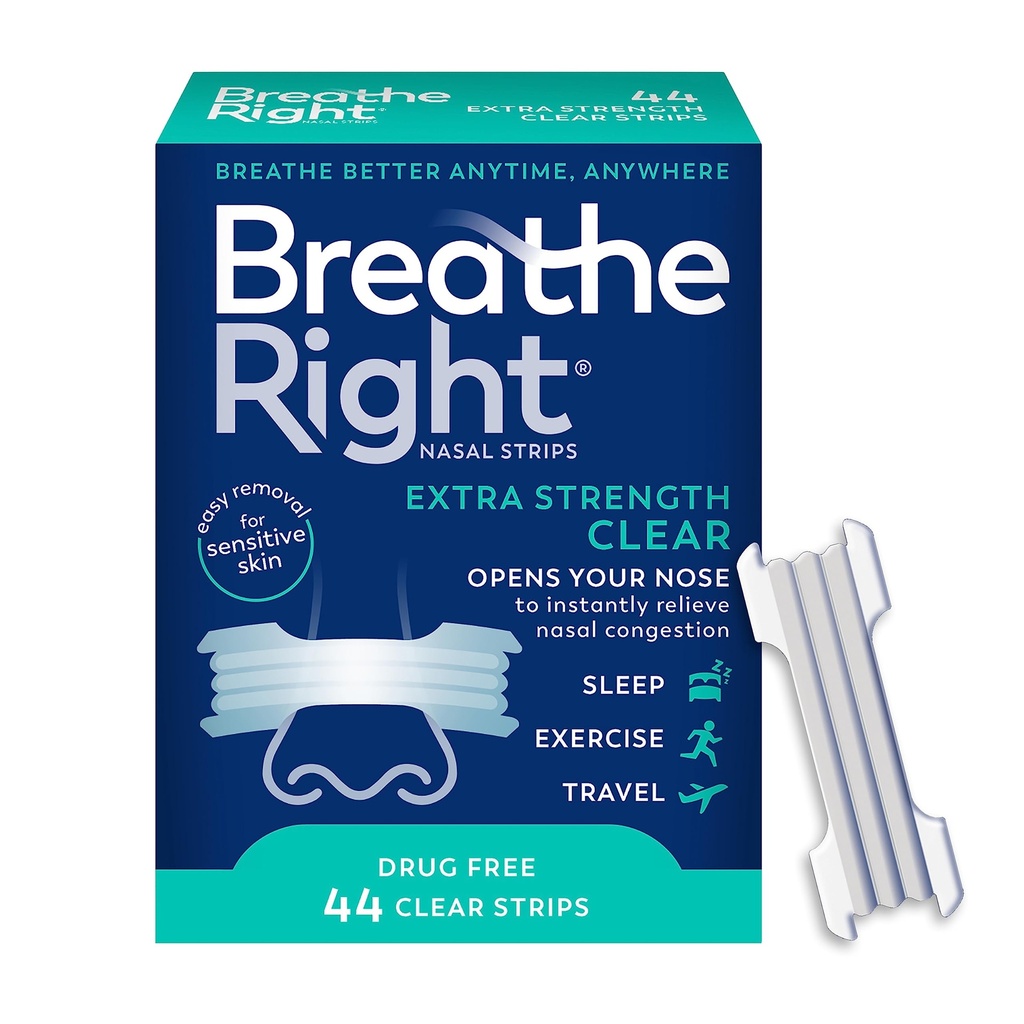 Breathe Right Nasal Strips, Extra Strength Clear Nose Strips, Drug Free Nasal Congestion Relief for Better Breathing, Help Relieve Snoring, Caused by Colds & Allergies, Deviated Septum, 44ct