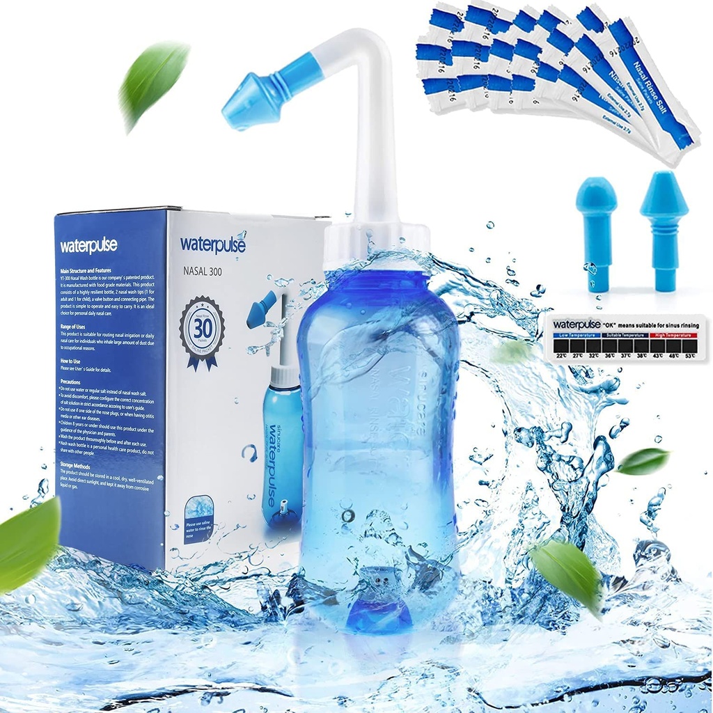 Waterpulse Neti Pot Sinus Rinse Kit, 300ml Blue Bottle with 30 Salt Packets | BPA-free 300ml gravity neti pot set with 30 packets. Features bottom valve, temperature sticker, and adult/child nozzles.
