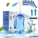 Waterpulse Neti Pot Sinus Rinse Kit, 300ml Blue Bottle with 30 Salt Packets | BPA-free 300ml gravity neti pot set with 30 packets. Features bottom valve, temperature sticker, and adult/child nozzles.