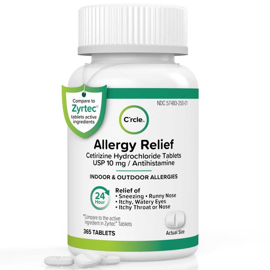 Cetirizine HCL 10mg 365 Tablets - Allergy Pills, Non Drowsy & 24 Hour | Allergy Medicine, Antihistamine, Relief for Runny Nose, Itchy & Watery Eyes