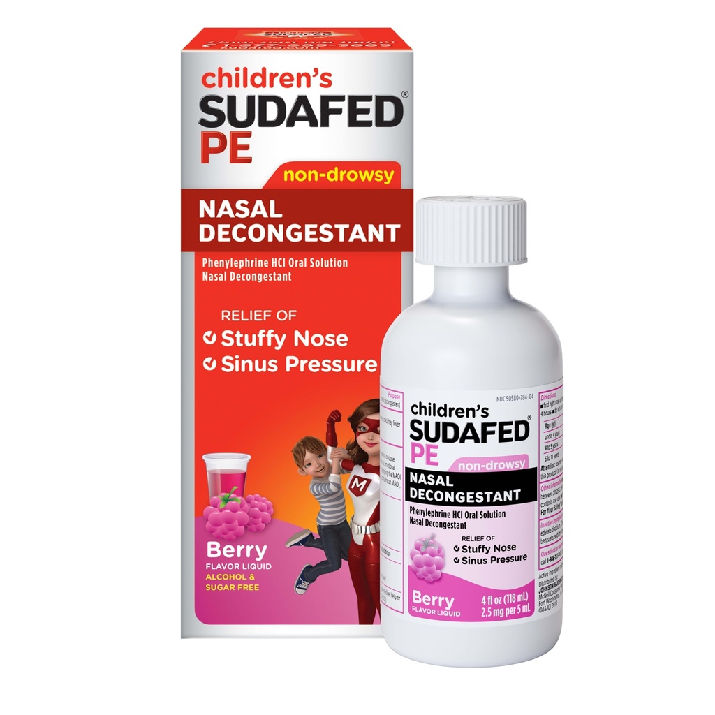 Sudafed Children's PE Nasal Decongestant Liquid, Sugar-Free Cold Medicine with Phenylephrine HCl, Alcohol-Free, Berry-Flavored, 4 fl oz