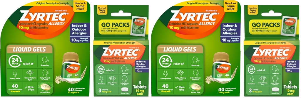 Zyrtec 24 Hour Allergy Relief Liquid Gels,Cetirizine HCI Antihistamine Allergy Medicine for Indoor/Outdoor,All-Day Relief for Runny Nose,Sneezing,Itchy, Watery Eyes,43 ct (Pack of 2)