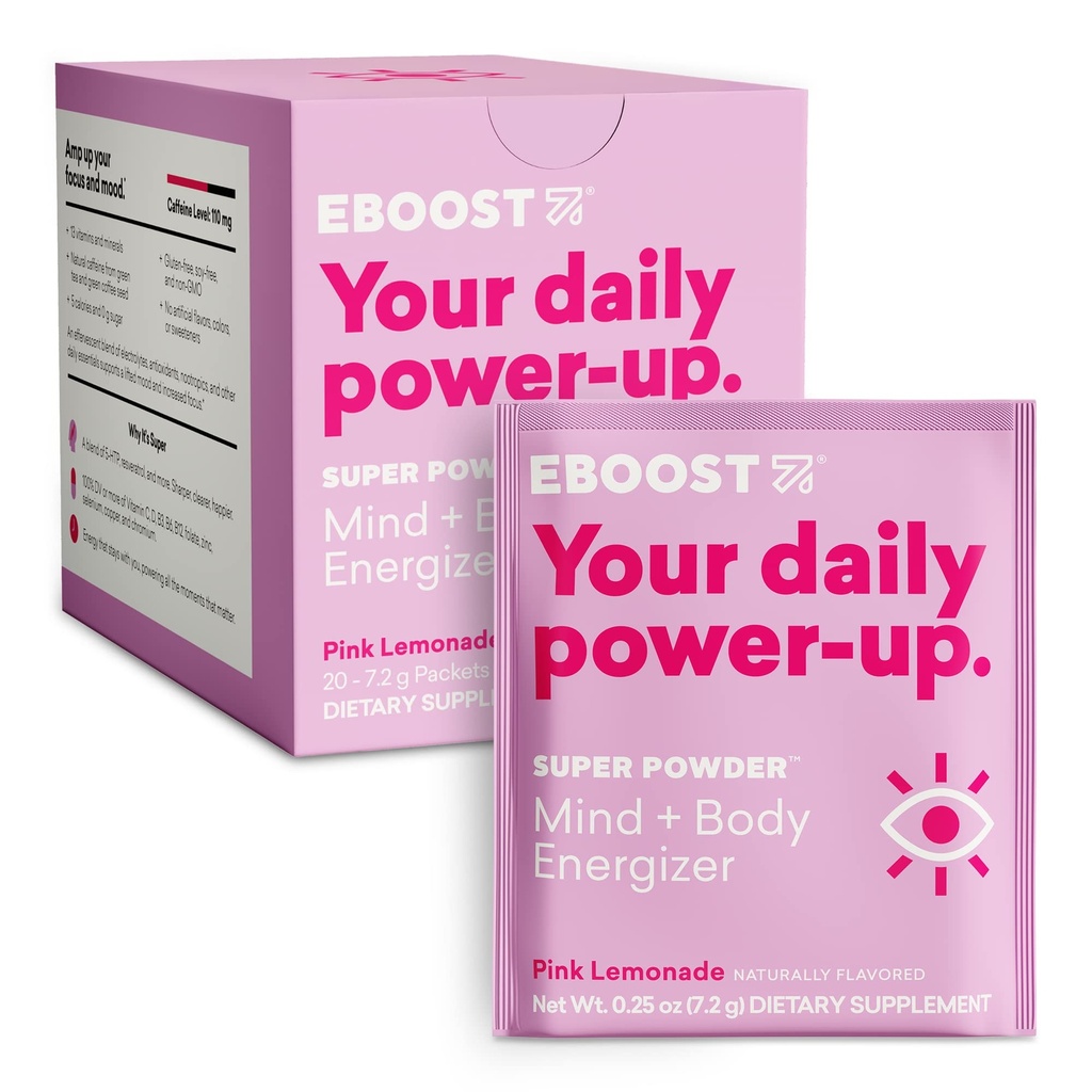 EBOOST Super Powder Drink Mix - Pink Lemonade 0.2 oz 20 Pack Hydration Energizer Electrolytes Powder - 13 Vitamins & Minerals - 110 mg Caffeine - 0 Added Sugar - No Artificial Flavors or Sweeteners