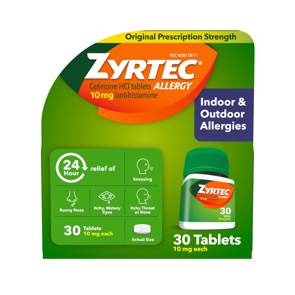 Zyrtec 24 Hour Allergy Relief Tablets, Indoor & Outdoor Anti Allergy Medicine with 10 mg Cetirizine HCl per Antihistamine Tablet, Relief from Runny Nose, Sneezing, Itchy Eyes & More, 30 ct