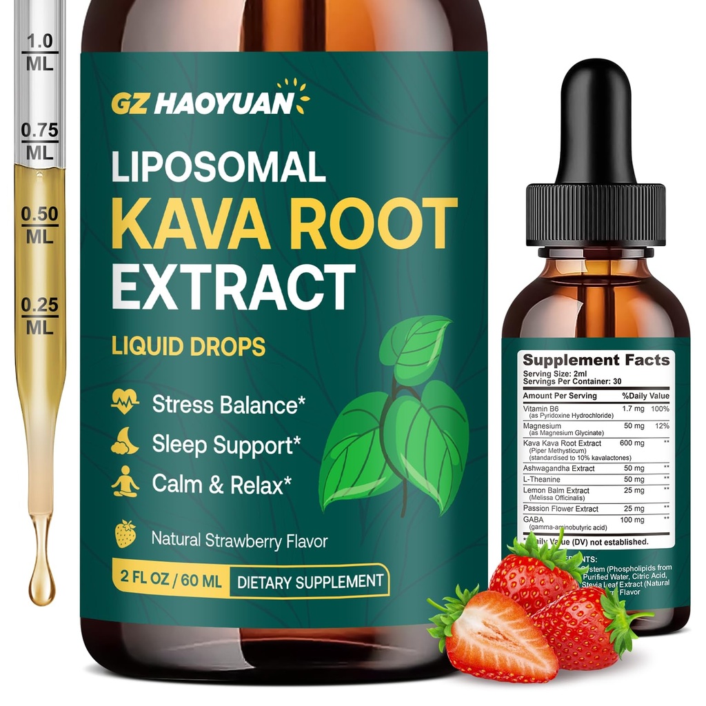 Liposomal Kava Kava Root Extract Supplement - High Absorption Kava Drops for Relaxation, Stress Relief, Cognitive & Immune Support, Vegan & Non-GMO, Strawberry Flavor 2 Fl Oz