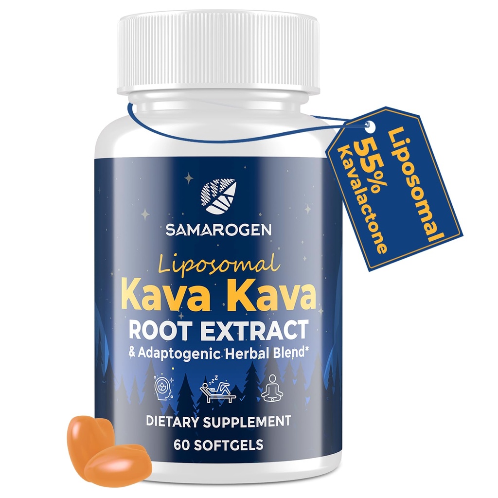 Kava Kava Capsules Root Extract Supplement Liposomal 55% Kavalactones with Ashwagandha Chamomile Lemon Balm Passionflower for Relax & Good Sleep (60 Softgels)