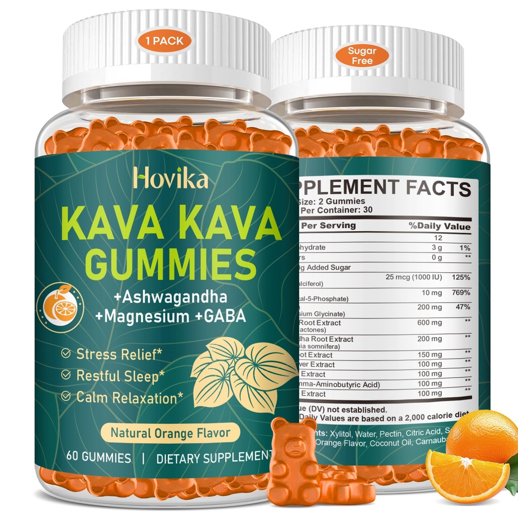 Kava Kava Gummies - Kava Root Extract with Ashwagandha, GABA & Magnesium for Calm Relaxation, Sleep & Stress Support - Sugar Free Orange, Vegan 60 Count
