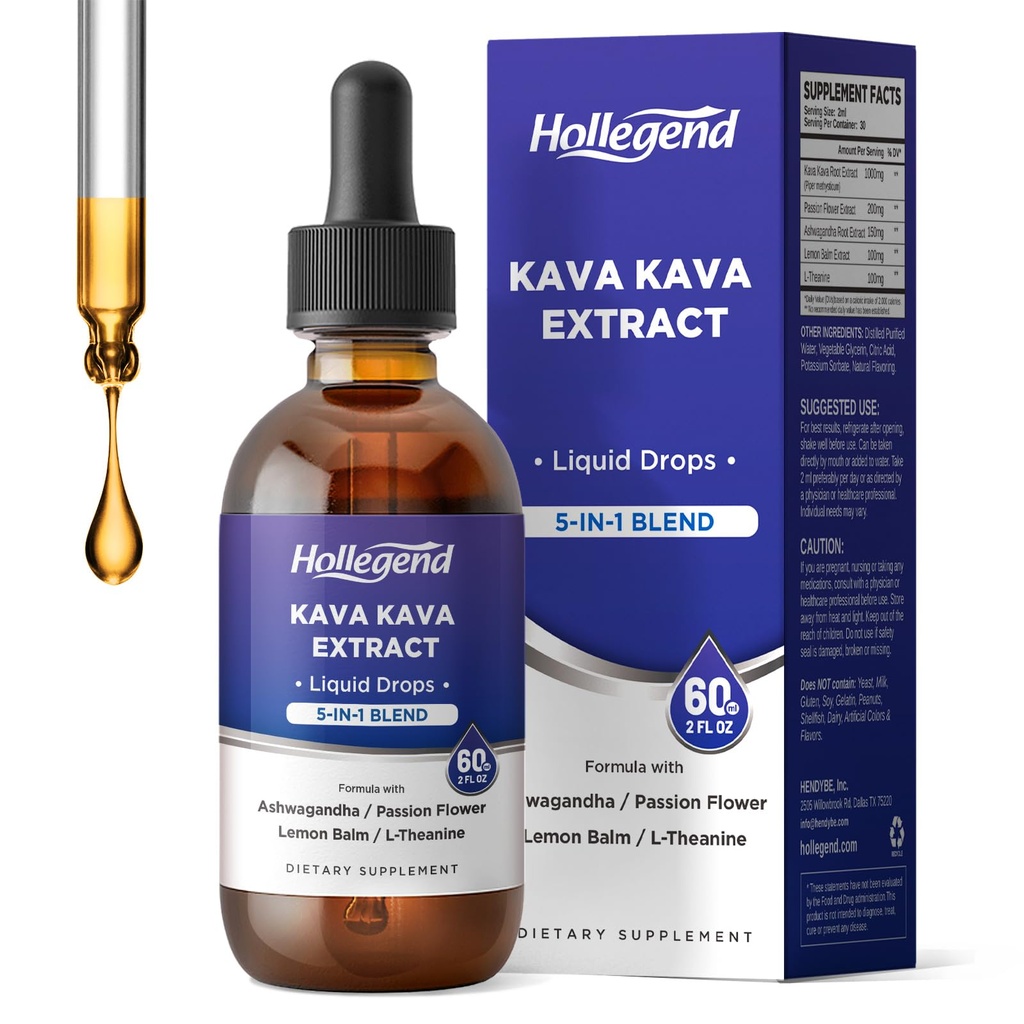 Kava Kava Root Extract Liquid Drops, 5 in 1 Blend with Ashwagandha, Lemon Balm, L-Theanine, Kava Tincture Supplement for Stress Relief, Sleep, Brain Health, 2 Fl Oz