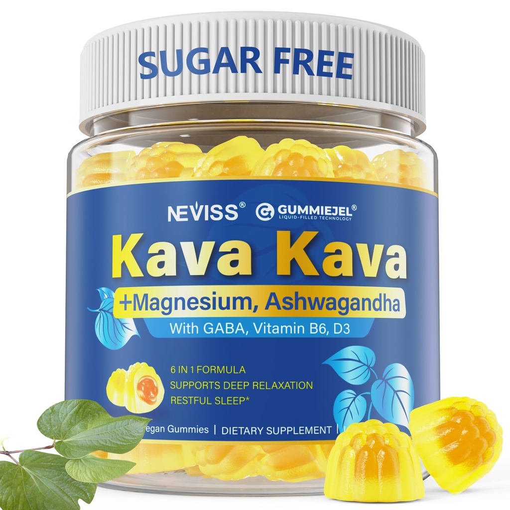 Kava Kava Gummies for Calm, Relaxation & Natural Sleep | w/GABA, Ashwagandha, Magnesium, Vitamin B6 D3 | High Potency Kava Root Extract Supplement | Sugar-Free, Melatonin-Free, Vegan 60 Ct