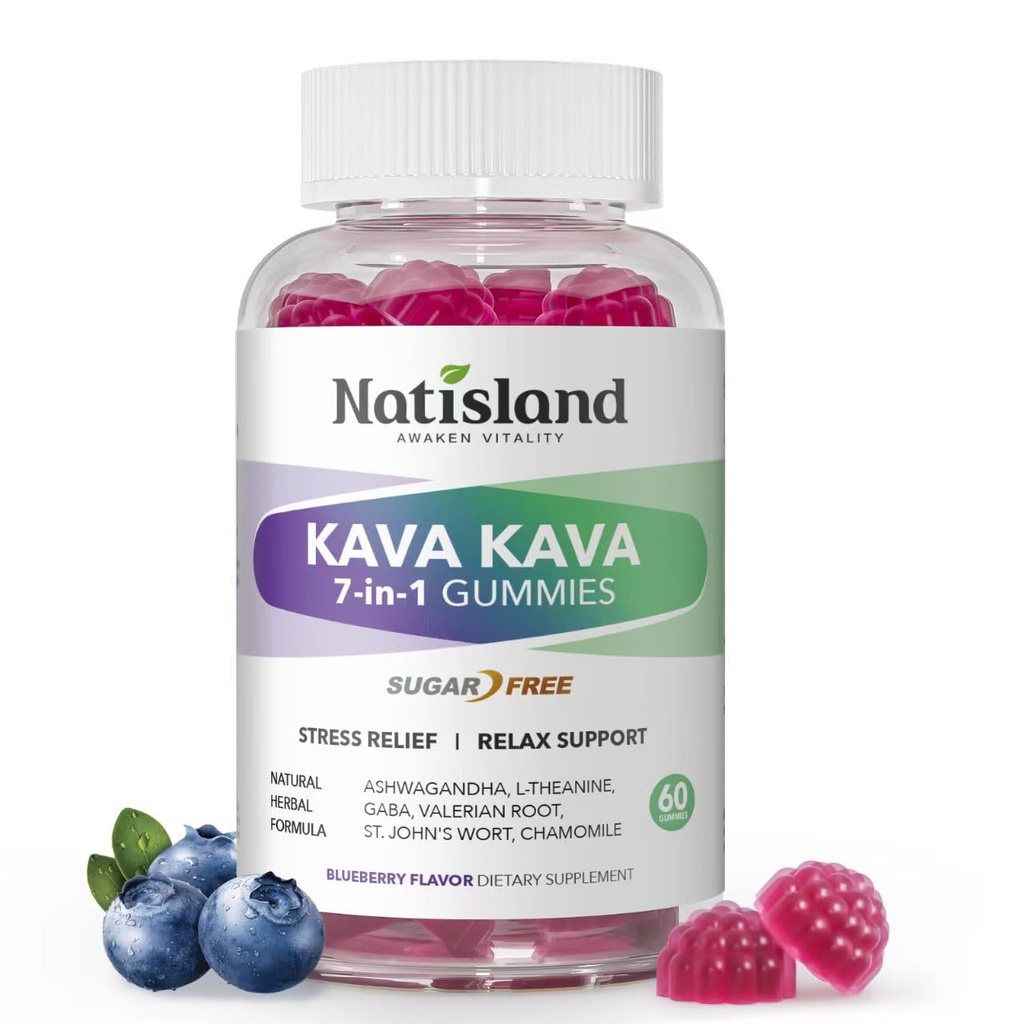 Chewable Kava Kava Gummies, Kava Kava Root Extract with Ashwagandha & L-Theanine, Kava Supplement for Women & Men, 7-in-1 Herbal Blend for Stress Relief & Relaxation, Sugar-Free, Vegan, 60 Ct