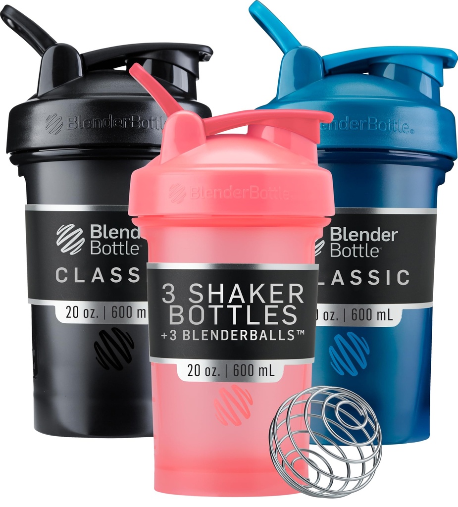 BlenderBottle Classic V2 Shaker Bottle Perfect for Protein Shakes and Pre Workout, 20-Ounce (3 Pack), Black, Navy, Pink