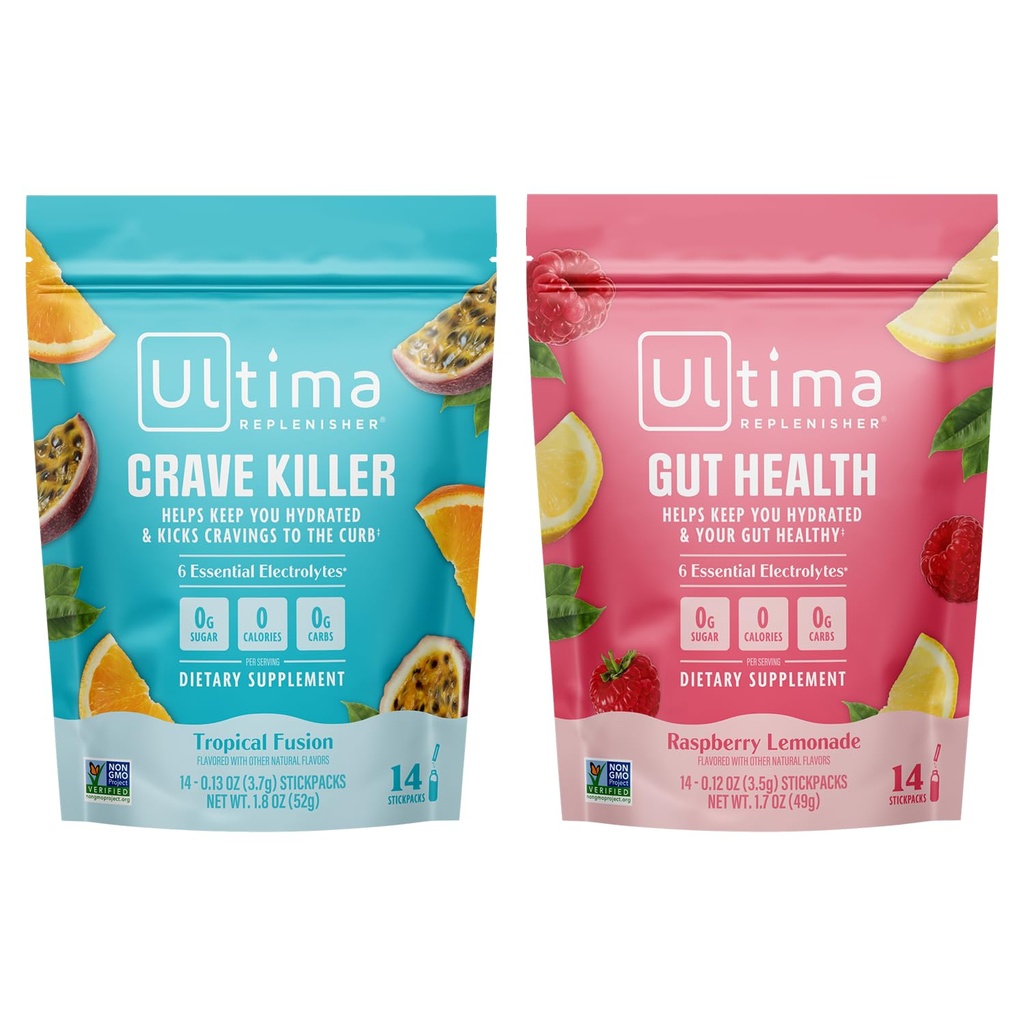 Ultima Replenisher Electrolyte Powder Drink Mix Bundle – Sugar Free – Crave Killer and Gut Health, 14 Stickpacks – 6 Electrolytes and Minerals – Keto Friendly, Vegan, Non-GMO