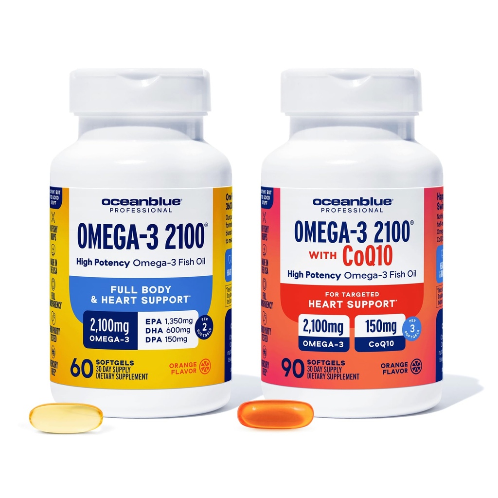 Oceanblue Omega-3 2100 Bundle – CoQ10 90ct + Triple Strength 60ct – High-Potency EPA, DHA & DPA – Heart & Brain Support – Orange Flavor, Burpless Fish Oil - 2 Pack
