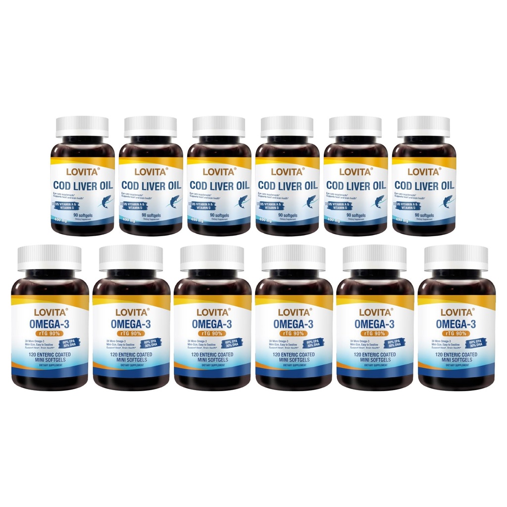 LOVITA 12-Pack Bulk Omega Bundle - 6 Fish Oil & 6 Norwegian Cod Liver Oil, Max Strength rTG & TG Forms, Non-GMO (12 Pc)