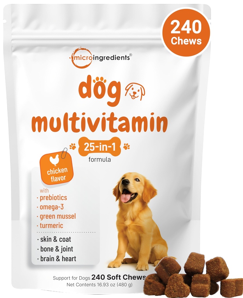 Micro Ingredients 25-in-1 Dog Multivitamin, 240 Soft Chews | Daily Essential Dog Vitamins and Supplements for Immune, Skin, Coat, Joints & Digestion Health* | Non-GMO, Chicken-Flavored