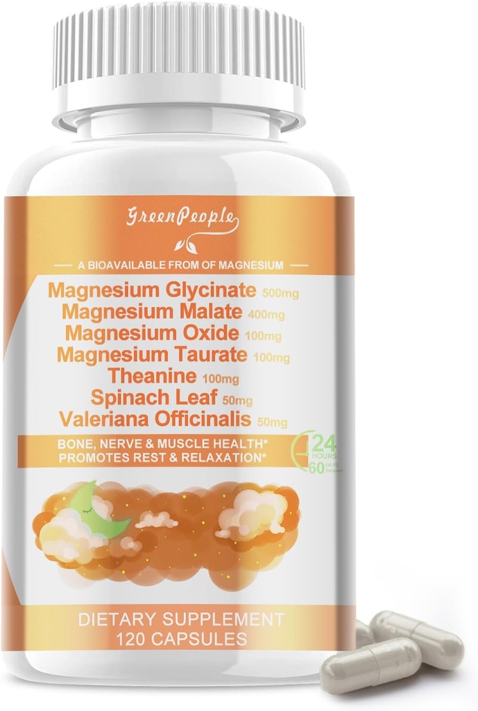 Magnézium Glicinate 500 mg / szerving, maláttal, tauráttal és oxiddal, izom-, csont-, alvászavar- és emésztőrendszeri adalékkal, 120 Vegán kapszula, Non-GMO