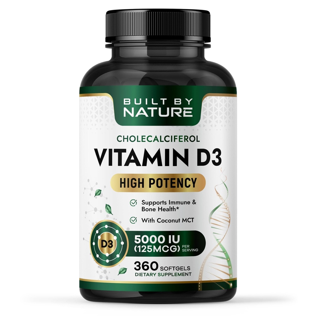 Built by Nature Vitamin D3 5000 IU – Vitamin D Supplement with Coconut MCT Oil - High Absorption Vitamin D, Easy to Swallow Vitamin D3-360 Mini Softgels