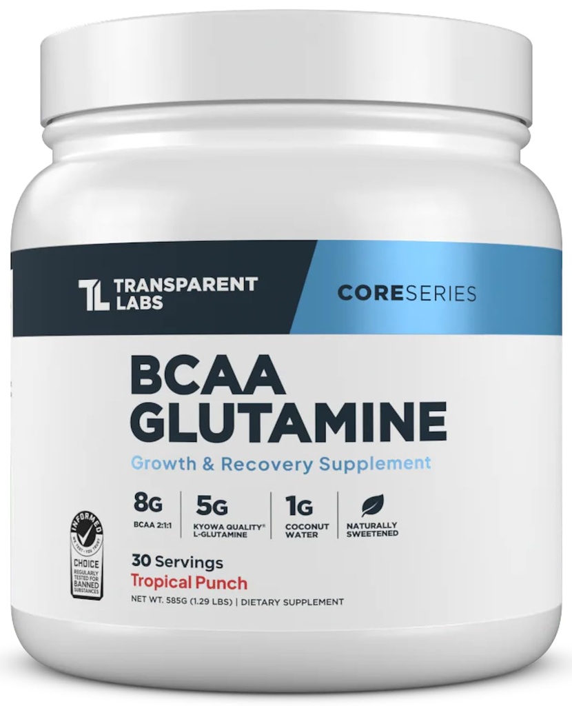 Transparent Labs BCAA Glutamine - 8000 mg of BCAA Powder Per Serving with L Glutamine for Post Workout Recovery, Muscle Growth, & Increased Endurance - 30 Servings, Tropical Punch