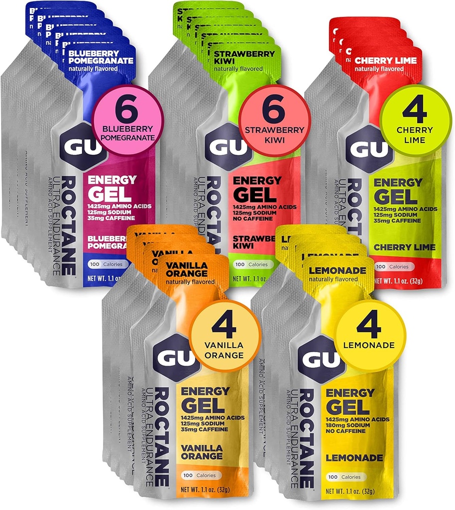 GU Energy Roctaan Ultra Endurance Energy Gel, Vegan, Glutenvrij, Kosher en Dairy-Free On-The-Go Sports Nutrition voor hardlopen, fietsen, wandelen of skiën, diverse smaken,24-Count