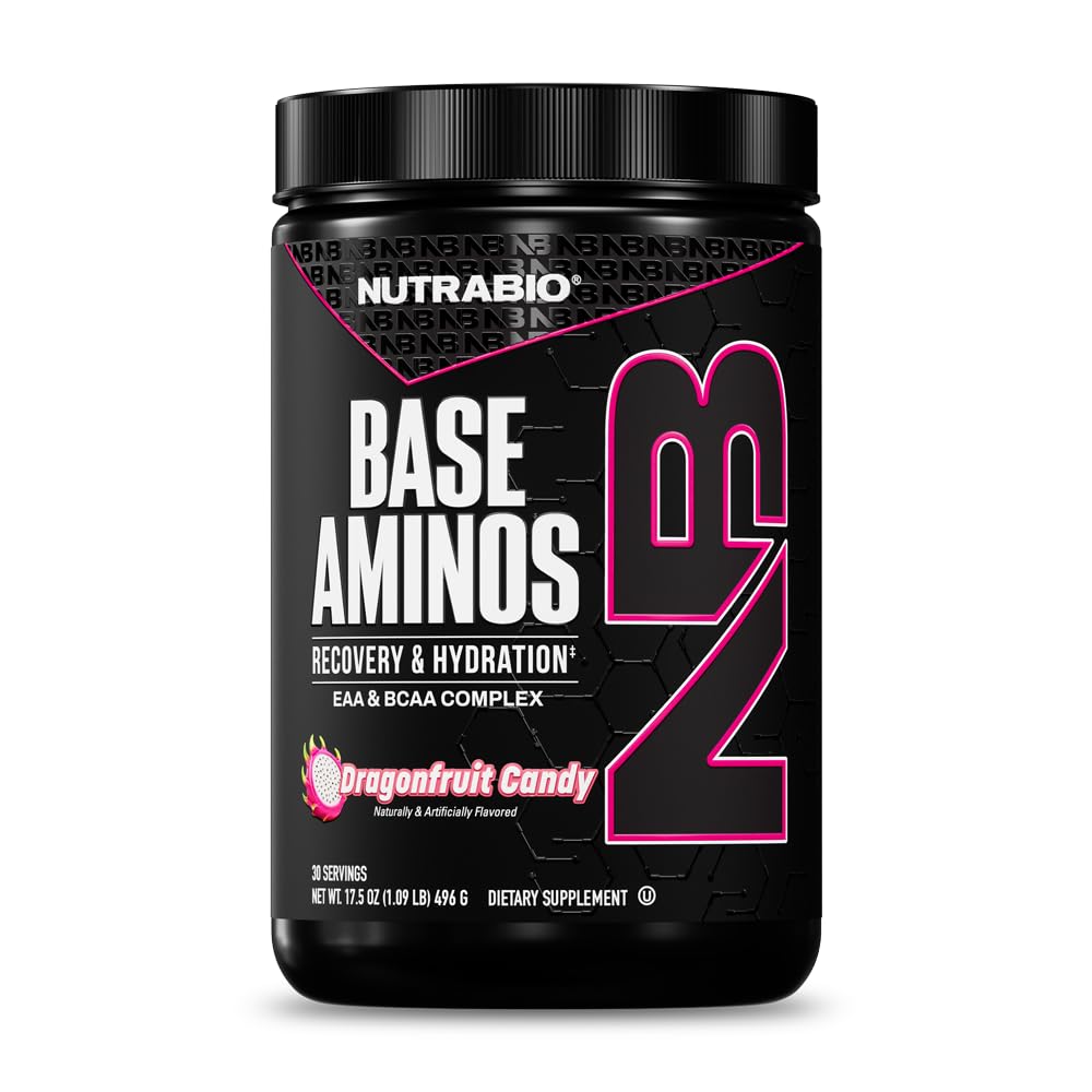 NutraBio Base Aminos EAA + BCAA Powder –10g Essential Amino Acids Supplement, 6g 2:1:1 BCAAs, 2.8g Hydration Matrix with Electrolytes & Absorption Enhancer AstraGin® – 30 Servings- Dragon Fruit Candy