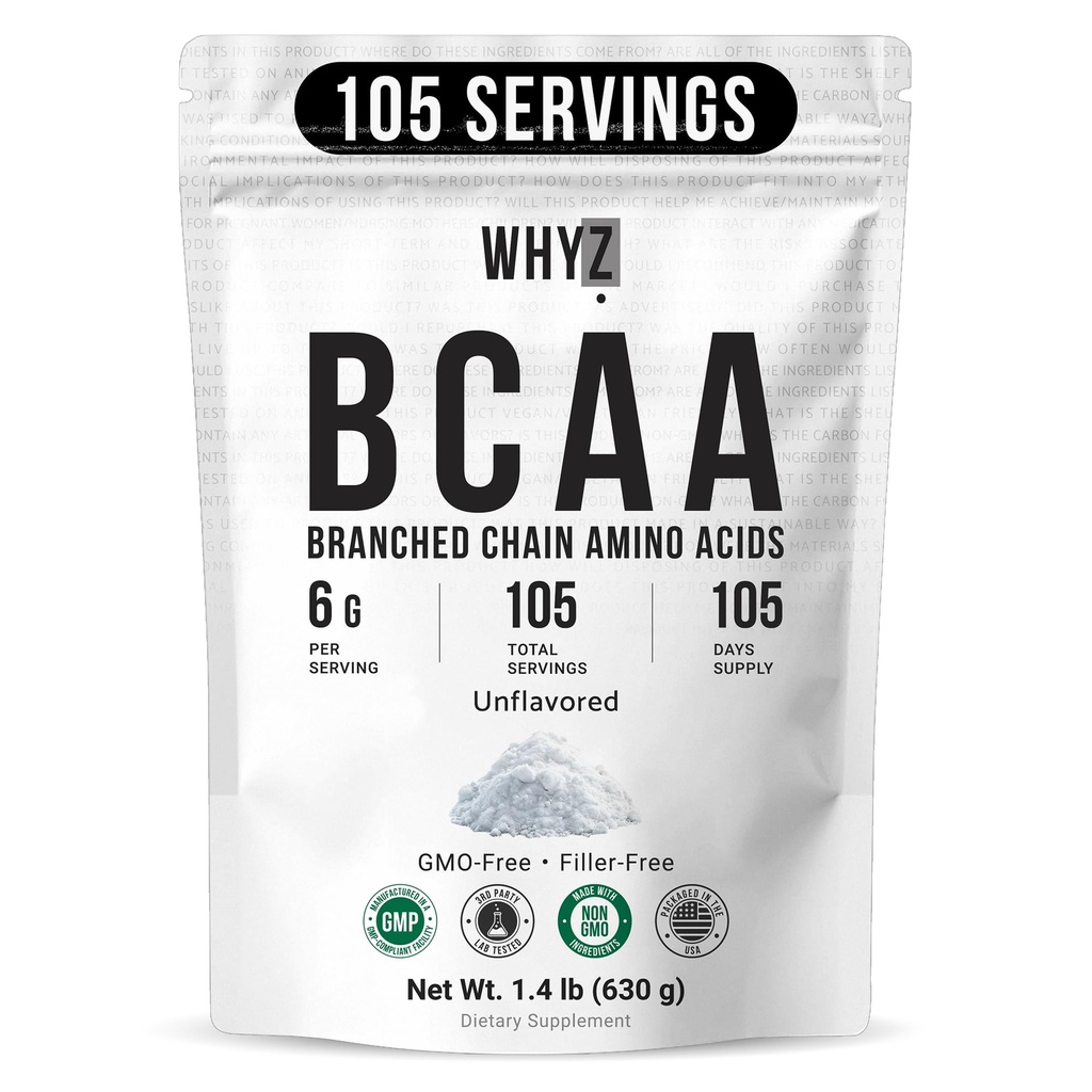 BCAA Powder 2:1:1, Unflavored Branched Chain Amino Acids for Men and Women Pure BCAA Energy Powder for Mixing in Drinks & Shakes Non-GMO No-Additives, 105 Servings, 1.4 lb (630g)
