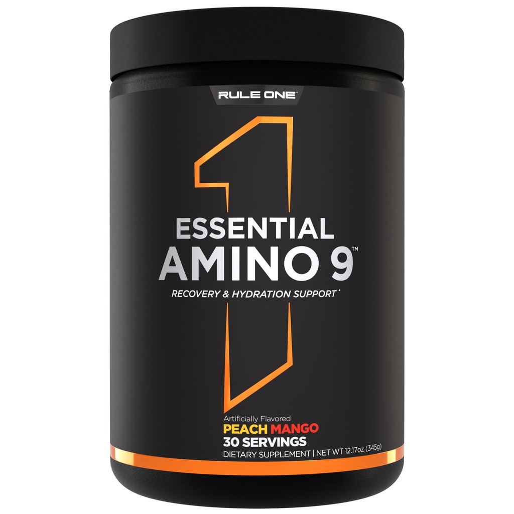 Rule 1 Proteins Essential Amino 9 – Recovery & Hydration Support with 7.5g of Essential Amino Acids + Electrolytes (30 Servings, Peach Mango)