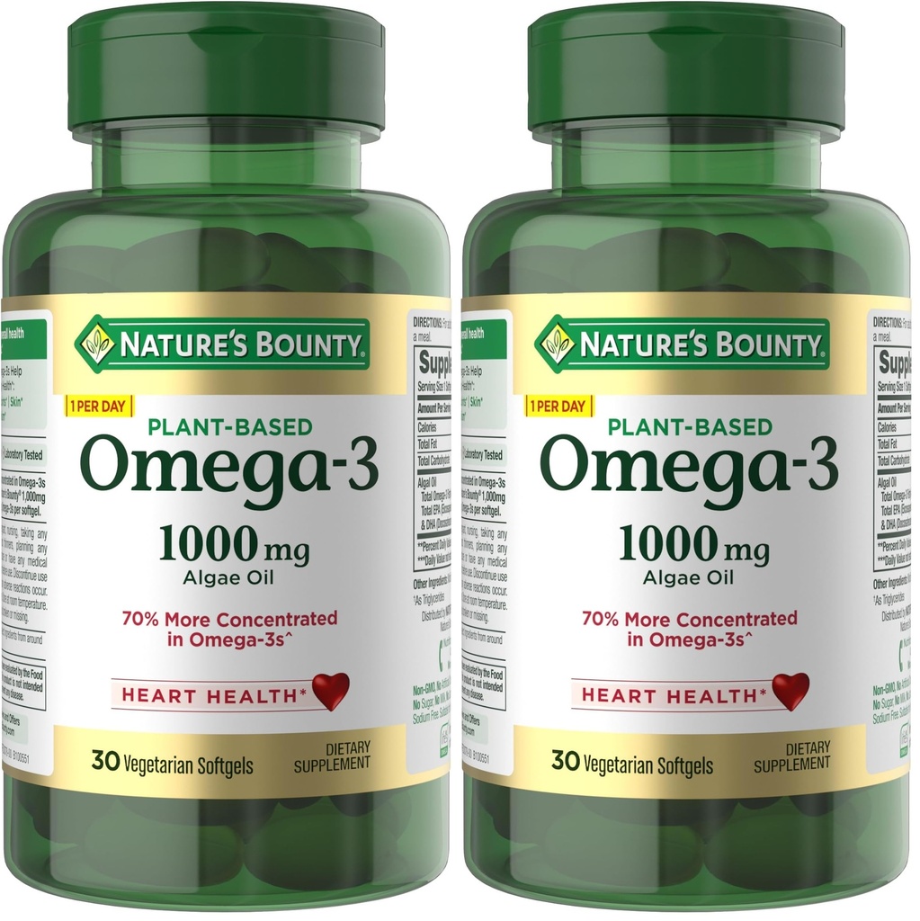 Nature's Bounty Omega 3, Plant-Based Omega 3 Fatty Acid Supplement, 520mg, Supports Whole Body Health Including Heart, Skin, Joint, 30 Vegetarian Softgels, Fish Oil Alternative (Pack of 2)