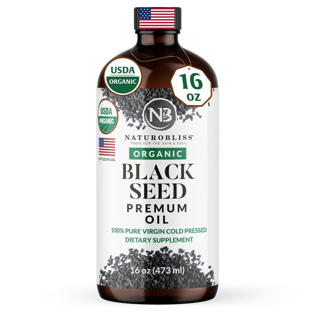 NaturoBliss Organic Black Seed Oil 100 Virgin Cold Pressed in Glass Bottle Omega 3 6 9 Super Antioxidant Immune Support Joints Mobility Digestion Hair Skin Vegan Gluten-Free NonGMO USDA Certified 16oz
