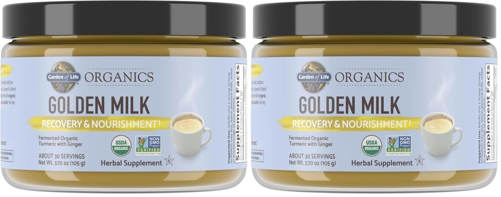 Garden of Life Organics Golden Milk Recovery&Nourishment Powder-44mg Turmeric Curcumin (95% Curcuminoids),Ashwagandha-Organic Non-GMO Vegan&Gluten Free Herbal Supplements,30 Servings,(Pack of 2)