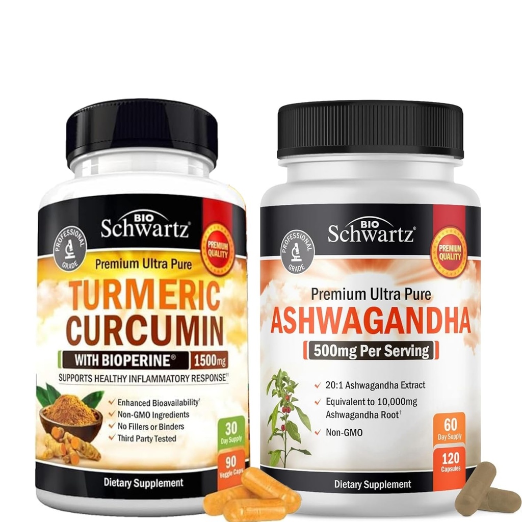 Extra Strength Ashwagandha Capsules (2 Month Supply) Plus Turmeric Curcumin with Black Pepper Extract 1500mg Complex (1 Month Supply)