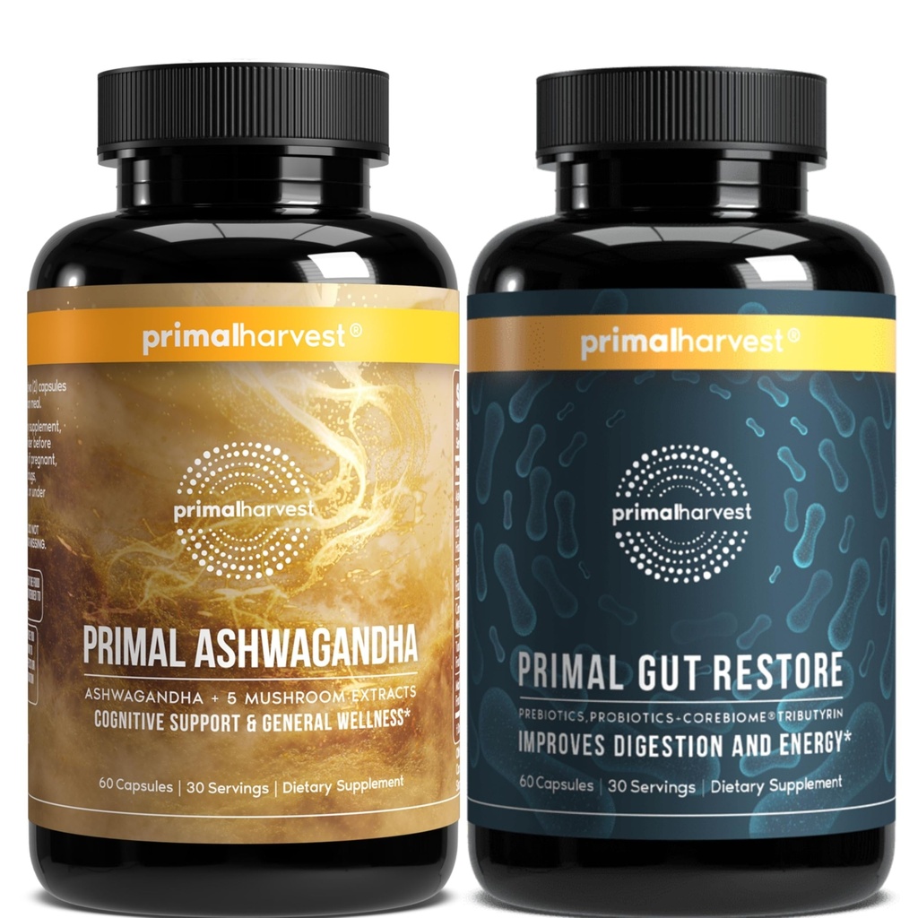 Primal Harvest Daily Two-Step Routine | Ashwagandha + Gut Restore | 2 Pack | 30 Day Supply