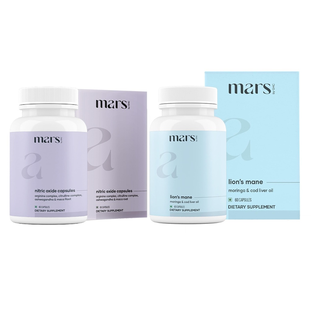 mars by GHC Nitric Oxide Capsules (Arginine, Citrulline, Ashwagandha & Maca Root) + Lion’s Mane Capsules (Moringa & Cod Liver Oil) | 120 Capsules | Bundle Pack