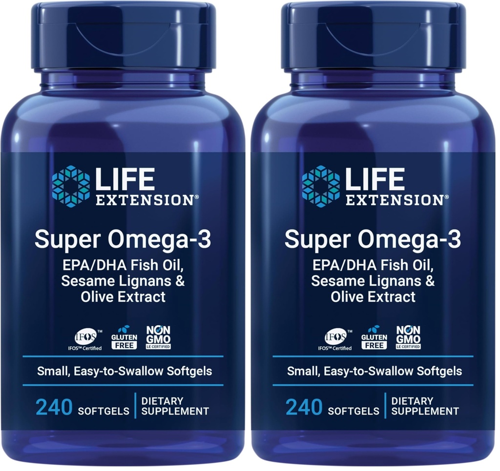 Life Extension Super Omega-3 EPA/DHA Fish Oil, Sesame Lignans & Olive Extract – Heart, Brain, Inflammation Health Support, Gluten-Free, Easy to Swallow, Non-GMO, 240 Softgels (Pack of 2)