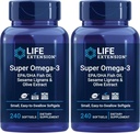 Extensión de vida Super Omega-3 EPA/DHA Fish Oil, Sesame Lignans & Olive Extract - Omega 3 Suplemento - para la salud del corazón y el apoyo cerebral - Gluten Free, Non-GMO - 240 Easy-to-Swallow Softgels