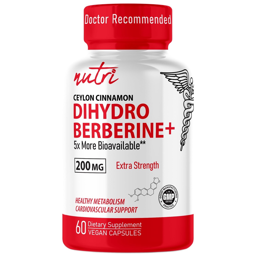 Dihydroberberine Supplement 200mg 60 Capsules - with Organic Ceylon Cinnamon, 54X More Bioavailable Than Regular Berberine HCL - Nutri Supplements Dihydroberberine 200mg - 3rd Party Tested - Vegan