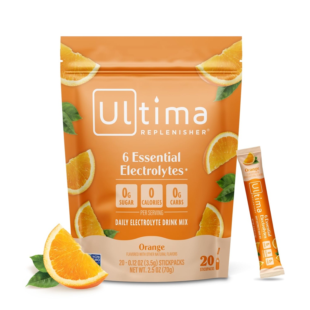 Ultima Replenisher Daily Electrolyte Powder Drink Mix – Sugar Free – Orange, 20 Stickpacks – Hydration Packets with 6 Key Electrolytes and Trace Minerals – Keto Friendly, Vegan, Non-GMO